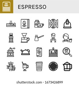 espresso simple icons set. Contains such icons as Beans, Cupping, Coffee beans, Coffee cup, Break, Coffee grinder, Dripper, Cezve, Barista, can be used for web, mobile and logo