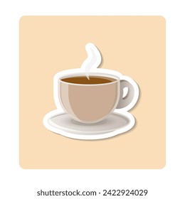 Espresso sticker illustration. Coffee, cup, steam, saucer. Editable vector graphic design.