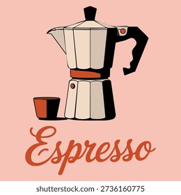 Espresso themed vector illustration featuring retro moka pot coffee poster in warm orange and pink tones ideal for kitchen decor cafe menu branding