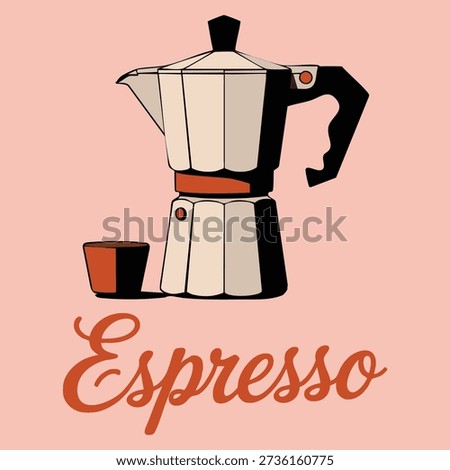 Espresso themed vector illustration featuring retro moka pot coffee poster in warm orange and pink tones ideal for kitchen decor cafe menu branding