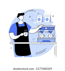 Espresso tiempo aislado ilustraciones vectoriales de dibujos animados. El barista profesional hace espresso en cafe, café, bebidas calientes, pequeñas empresas, trabajo en el bar, preparación de caricatura vectorial de proceso.