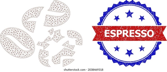 Espresso unclean stamp seal, and coffee bean crush icon mesh structure. Red and blue bicolor stamp includes Espresso caption inside ribbon and rosette. Abstract flat mesh coffee bean crush,