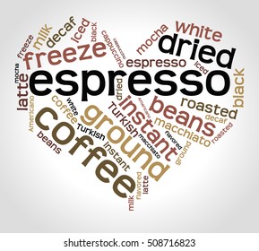 Espresso word cloud concept in shape of heart on gradient background. 