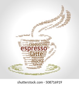 Espresso word cloud concept in shape of cup on gradient background. Vector illustration.