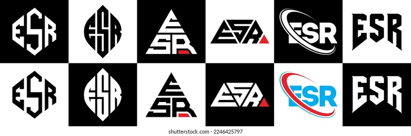 ESR letter logo design in six style. ESR polygon, circle, triangle, hexagon, flat and simple style with black and white color variation letter logo set in one artboard. ESR minimalist and classic logo