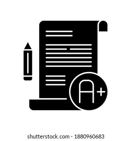 Essay Examination Black Glyph Icon. Succesful Result. Comprehensive Exam. Highest Grade. Pencil And Paper. Writing Testing. Silhouette Symbol On White Space. Vector Isolated Illustration