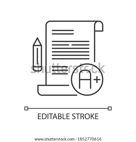 Essay examination pixel perfect linear icon. Succesful result. Comprehensive exam. Highest grade. Thin line customizable illustration. Contour symbol. Vector isolated outline drawing. Editable stroke