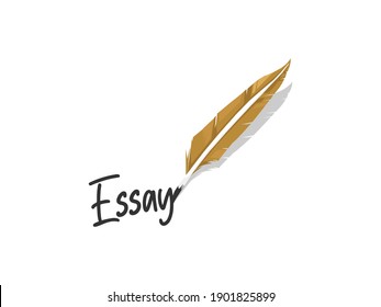 Essay Lettering With Feather Pen Vector Isolated In White. Writing Essay Illustration.