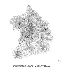 Mapa de la ciudad de Essen con carreteras y calles, Alemania. Blanco y negro. Ilustración del contorno del vector.