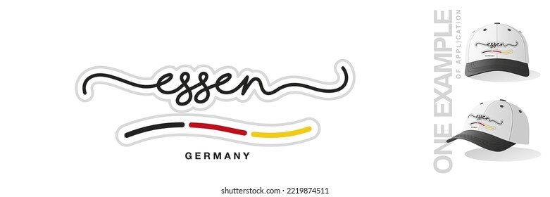 Essen Alemania, cinta de bandera abstracta de Alemania, nuevo icono de logotipo caligráfico de tipografía escrita a mano con ejemplo de aplicación