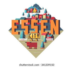 Essen en alemania es una bella ciudad para visitar en vacaciones, ilustraciones vectoriales de dibujos animados