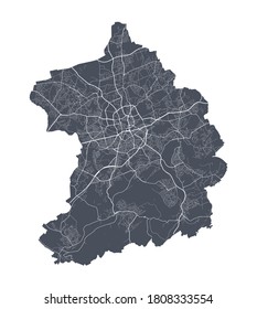 Mapa de Essen. Mapa vectorial detallado del área administrativa de la ciudad de Essen. Vista de la aria metropolitana de Cityscape poster. Tierra oscura con calles blancas, caminos y avenidas. Fondo blanco.