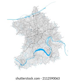 Essen, North Rhine-Westphalia, Germany high resolution vector map with city boundaries and editable paths. White outlines for main roads. Many detailed paths. Blue shapes and lines for water.