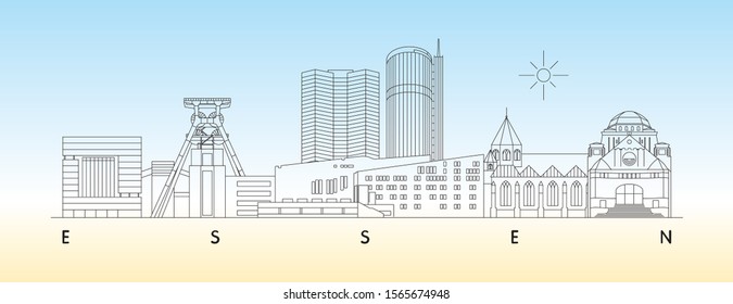 Essen skyline minimal linear vector illustration and typography design, Germany