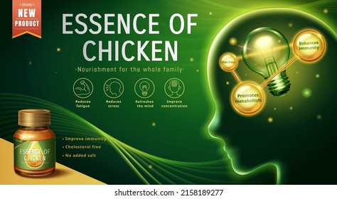 Essence of chicken ad template. 3D illustration of a light bulb in human brain with a glass bottle of essence of chicken on the left bottom corner on green background