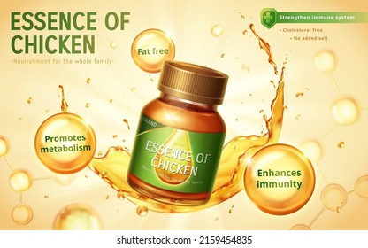 Essence of Chicken Werbebanner. 3D-Illustration von Essenz der Hühnerflasche mit gelbem Flüssigspritzer, Blase und Molekülen auf gelbem Hintergrund