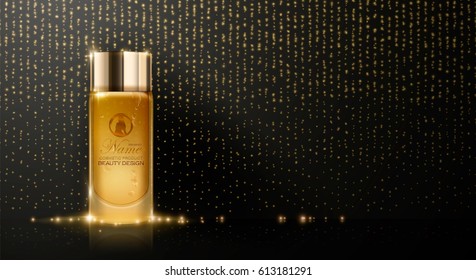 Essence contained, ads, gold makeup glass bottle template. Design cosmetics product advertising, blure and bokeh background, sparkling effect. 3d Vector illustration for cream, soups, foams, lotions.