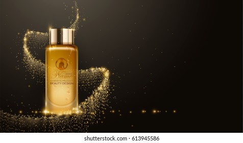 Essence Contained, Ads, Gold Makeup Glass Bottle Template. Design Cosmetics Product Advertising, Blure And Bokeh Background, Sparkling Effect. 3d Vector Illustration For Cream, Soups, Foams, Lotions.