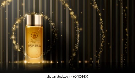 Essence contained, ads, gold makeup glass bottle template. Design cosmetics product advertising, blure and bokeh background, sparkling effect. 3d Vector illustration for cream, soups, foams, lotions.