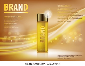 Essence contained, ads, gold translucent glass bottle template. Design makeup cosmetics product for advertising with blure and bokeh background. 3d Vector illustration for cream, perfume, lotion.