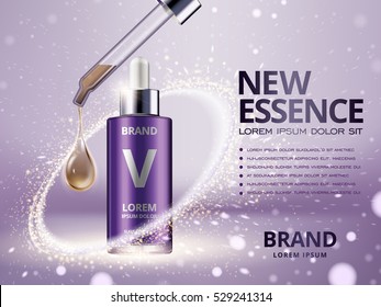 essence contained in purple droplet bottle surrounded by light ring with purple background, 3d illustration 