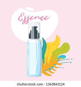 Essence cosmetic care product in bottle and green leaves decorations. Vector illustrations isolated on pink background.
