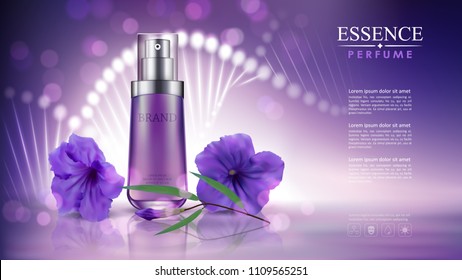 Essence cosmetic premium products with purple flowers and green leaves on light background. Vector 3d illustration.