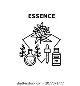 Concepto de iconos de vectores cosméticos de esencia. Esencia Aromática Cosmética Preparada A Partir De Flor De Aroma E Ingredientes De Hojas De Plantas. Ilustración Negra De Perfume Orgánico Líquido Esencial Y Aromaterapia