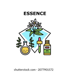 Essence Cosmetic Vector Icon Concept. Aromatic Essence Cosmetic Prepared From Aroma Flower And Plant Leaf Ingredient. Organic Perfume Essential Liquid And Aromatherapy Color Illustration