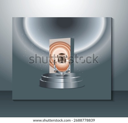 Essence of Elegance: A perfume bottle, elegantly presented on a sleek metallic pedestal, beckons with its alluring design and sophisticated packaging. Perfect for fragrance promotion.