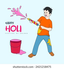 The essence of Holi captured in a boy's gleeful act of throwing colors into his pichkari, setting the stage for a vibrant and festive celebration
