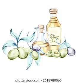 Essence of Italian cuisine illustrated with watercolor olive oil and olives showcasing natures beauty and nourishment