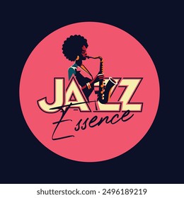 Essence Jazz - saxofón tocando música de jazz de mujer afroamericana en colores vibrantes Ilustración vectorial minimalista.	