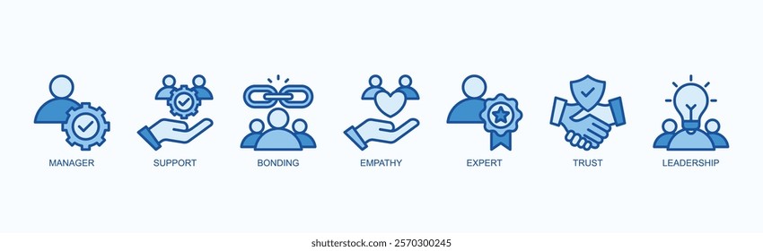 Essence Of Leadership Icon Set Isolated Vector With Icon Of Manager, Support, Bonding, Empathy, Expert, Trust, Leadership In Blue Style