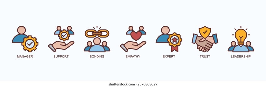 Essence Of Leadership Icon Set Isolated Vector 
With Icon Of Manager, Support, Bonding, Empathy, Expert, Trust, Leadership In Outline Color Style