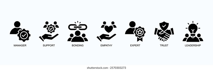 Essence Of Leadership Icon Set Isolated Vector With Icon Of Manager, Support, Bonding, Empathy, Expert, Trust, Leadership In Glyph Style