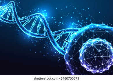 Essence of life and biological research, genetics futuristic concept with DNA strands and human cell in glowing low polygonal style on dark blue background. Modern abstract design vector illustration