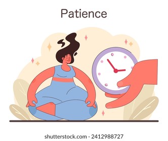 Essence of Patience illustration. A serene figure in meditation, harmoniously balanced with time, symbolizing the tranquil power of patience. Flat vector illustration