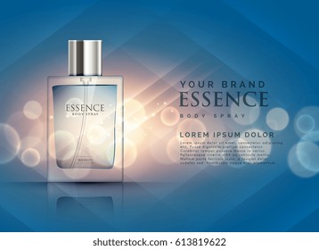 essence perfume ads concept with transparent bottle and bokeh light background