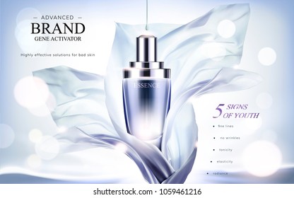 Essence product ads, droplet bottle with flying chiffon element in 3d illustration, glittering bokeh background