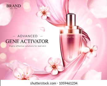 Essence product ads, exquisite droplet bottle with pink soft chiffon and flying sakura petals in 3d illustration