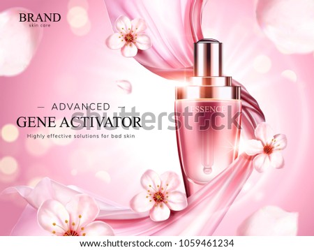 Essence product ads, exquisite droplet bottle with pink soft chiffon and flying sakura petals in 3d illustration