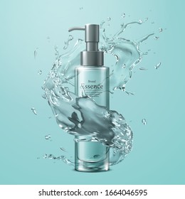 Essence pump bottle with water splashes effect on turquoise background in 3d illustration