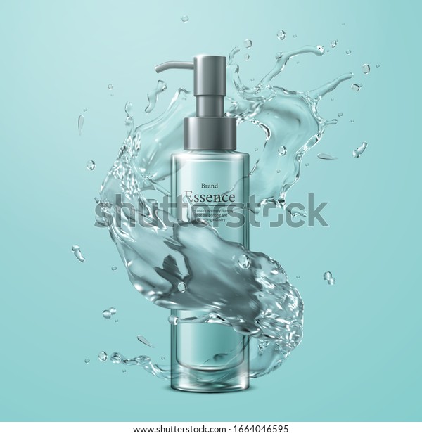 Essence pump bottle with water splashes\
effect on turquoise background in 3d\
illustration