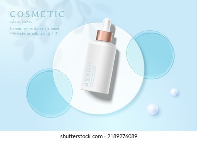 Essence and skin care product ads template on blue background with leaves shadow.