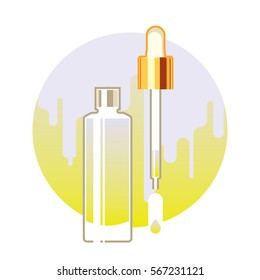 essence skin care product contained in transparent bottle, flat illustration