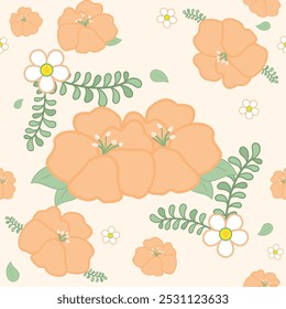 Essence of spring and summer Sunset color Blooming Seamless Pattern Vector for Fabric, Textile, decoration, Greeting, Celebration, wallpaper, Cover, Invitation, Illustration. tiny white flower leaves