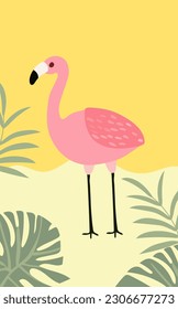 The essence of summertime enjoyment. Background with a seaside landscape, colorful palm leaves, pink flamingo. A of summer themed posters. Vector.  - Shutterstock ID 2306677273