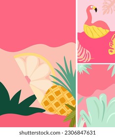 The essence of summertime enjoyment. Background with a seaside landscape, colorful palm leaves, pink flamingo. A of summer themed posters. Vector. 