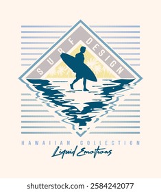 The essence of surfing with the silhouette of a surfer walking towards the waves. Feel the energy of the ocean in every detail of this emblem. Editable art for printing on t-shirts, decoration, etc.